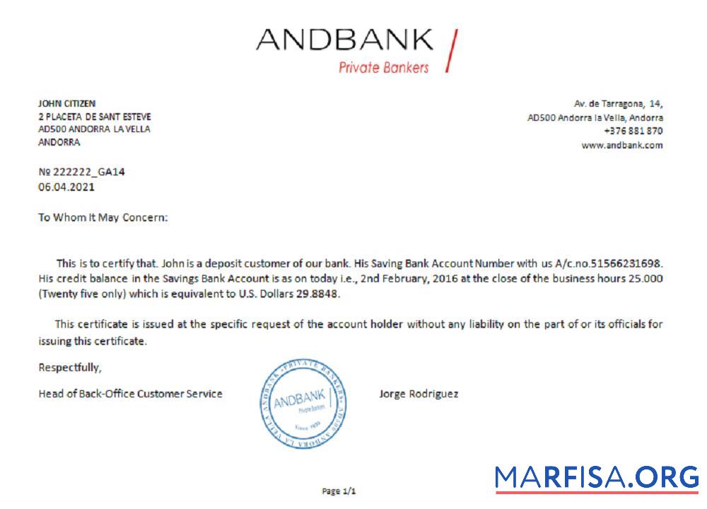 Blank Andorra Andbank bank reference download for verification
